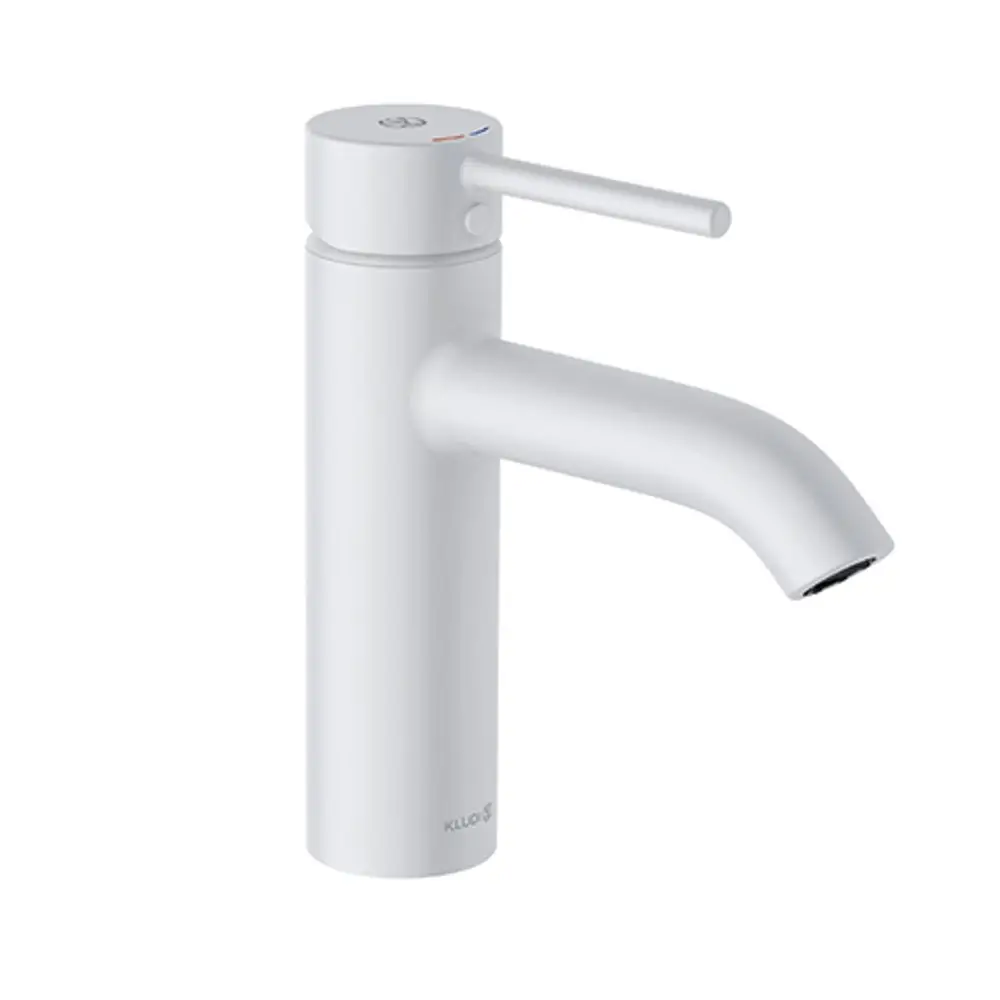 Weißer Waschtischarmatur von Kludi mit einem schlichten Hebel und einem leicht nach vorne gerichteten Auslauf. Schlichtes Design, geeignet für moderne Badezimmer.